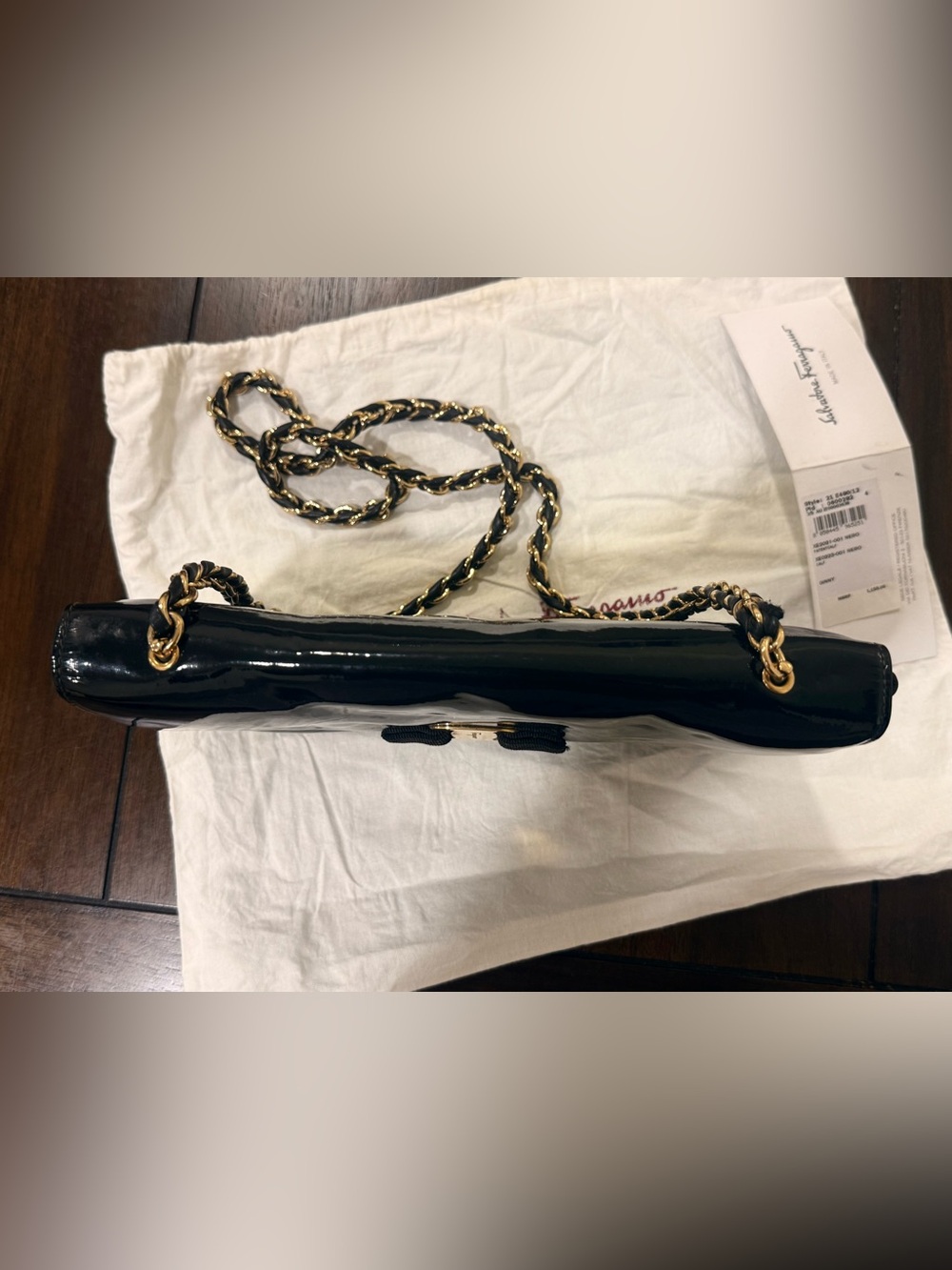 Salvatore Ferragamo Black Patent Vara Bow Chain Shoulder Bag - Picture 5 of 12